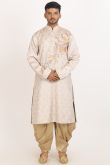 Oat Beige Cotton Printed Men's Straight Cut Kurta With Dhoti Pants