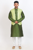 Printed Olive Green Dupion Silk Men's Jacket Style Kurta Pajama