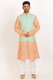 Printed Salmon Orange Dupion Silk Men's Jacket Style Kurta Pajama