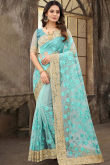 Aqua Blue Net Saree With Zari Work For Festival