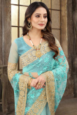 Aqua Blue Net Saree With Zari Work For Festival