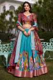 Aqua Blue Silk Printed A Line Lehenga 