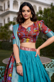 Aqua Blue Silk Printed A Line Lehenga 