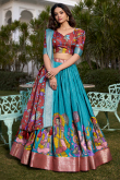 Aqua Blue Silk Printed A Line Lehenga 