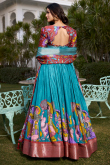 Aqua Blue Silk Printed A Line Lehenga 