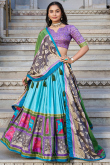 Aqua Blue Tussar Silk Printed Flared Style Lehenga