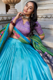 Aqua Blue Tussar Silk Printed Flared Style Lehenga