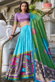 Aqua Blue Tussar Silk Printed Flared Style Lehenga