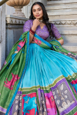 Aqua Blue Tussar Silk Printed Flared Style Lehenga