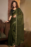 Army Green Chiffon Saree With Embroidered Lace