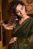 Army Green Chiffon Saree With Embroidered Lace