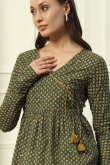 Army Green Cotton Printed Angrakha Short Ready Made Kurti