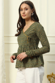 Army Green Cotton Printed Angrakha Short Ready Made Kurti