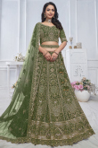 Army Green Net Resham Embroidered Panelled Style Lehenga