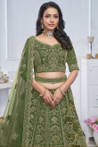 Army Green Net Resham Embroidered Panelled Style Lehenga