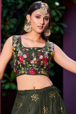 Army Green Silk Blend Embroidered Flared Style Lehenga