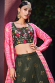 Army Green Silk Blend Embroidered Flared Style Lehenga