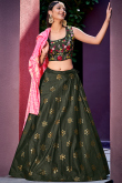Army Green Silk Blend Embroidered Flared Style Lehenga