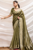Army Green Tissue Saree with Woven Zari Work for Diwali Festive