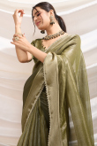 Army Green Tissue Saree with Woven Zari Work for Diwali Festive