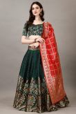Art Silk Bottle Green Woven Zari Panelled Style Lehenga