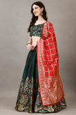 Art Silk Bottle Green Woven Zari Panelled Style Lehenga