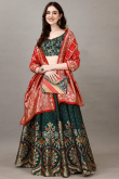 Art Silk Bottle Green Woven Zari Panelled Style Lehenga