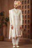 Art Silk Cream Embroidered Men's Sherwani With Anarkali Style Kurta