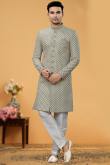 Art Silk Greenish Grey Embroidered Men Sherwani