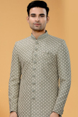 Art Silk Greenish Grey Embroidered Men Sherwani