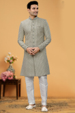 Art Silk Greenish Grey Embroidered Men Sherwani