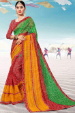 Art Silk Indian Saree In Red And Green Color