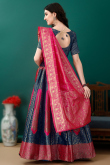 Art Silk Indigo Blue Woven Zari Panelled Style Lehenga