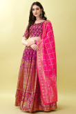 Art Silk Magenta Pink Woven Zari Panelled Style Lehenga