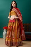Art Silk Mustard Yellow Woven Zari Panelled Style Lehenga