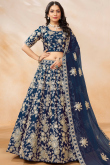 Art Silk Navy Blue Embroidered Panelled Style Lehenga