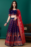 Art Silk Navy Blue Woven Zari Panelled Style Lehenga