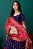 Art Silk Navy Blue Woven Zari Panelled Style Lehenga