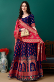 Art Silk Navy Blue Woven Zari Panelled Style Lehenga