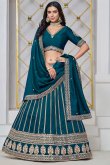 Art Silk Peacock Blue Resham Embroidered Panelled Style Lehenga