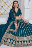 Art Silk Peacock Blue Resham Embroidered Panelled Style Lehenga