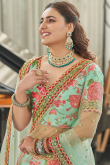Art Silk Printed Seafoam Green Panelled Style Lehenga