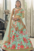Art Silk Printed Seafoam Green Panelled Style Lehenga