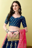 Art Silk Prussian Blue Woven Zari Panelled Style Lehenga
