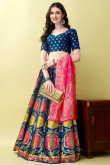 Art Silk Prussian Blue Woven Zari Panelled Style Lehenga