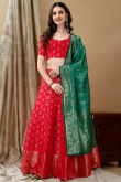 Art Silk Red Woven Zari Panelled Style Lehenga