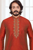 Art Silk Rust Orange Men Kurta Pajama