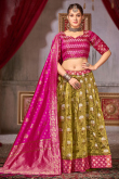 Art Silk Trombone Yellow Zari Weaved Flared Style Lehenga