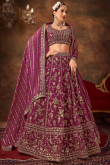 Wine Maroon Georgette Embroidered A-Line Lehenga