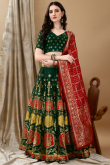 Art Silk Woven Zari Bottle Green Panelled Style Lehenga